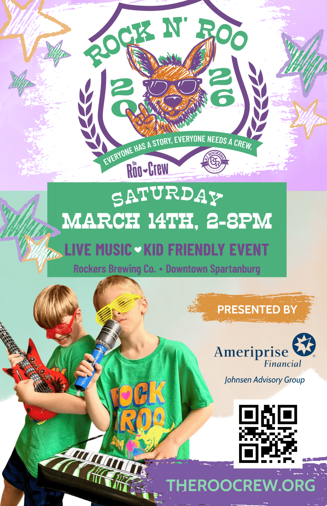 Rock N Roo – Saturday, March 14th, 2-8pm. Live music, Kid Friendly Event at Rockers Brewing Co in Downtown Spartanburg. Presented by Ameriprise Financial